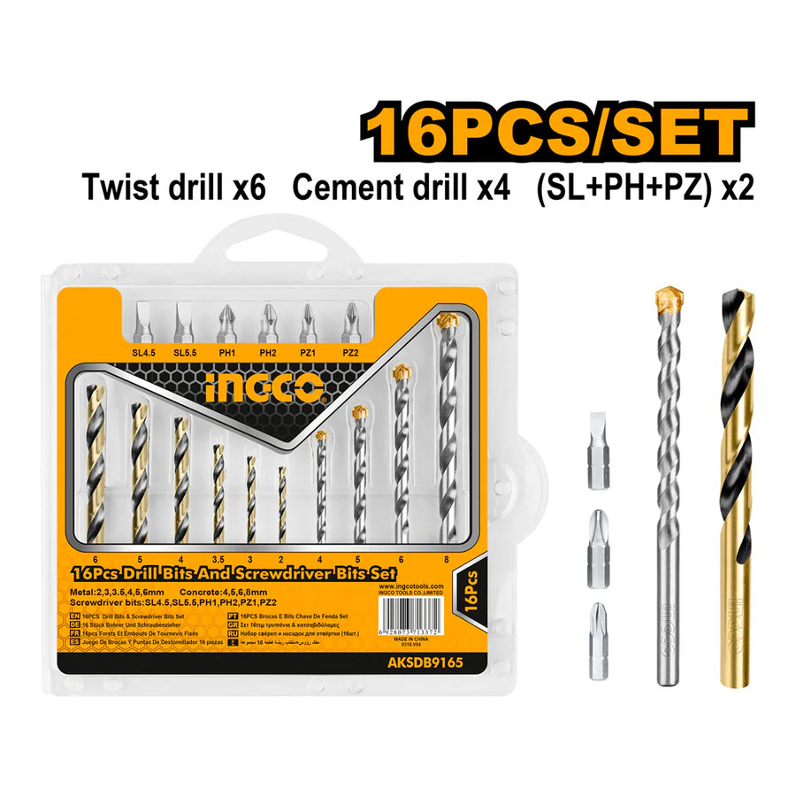 Juego Brocas Y Puntas 16 Pcs Ingco AKSDB9165