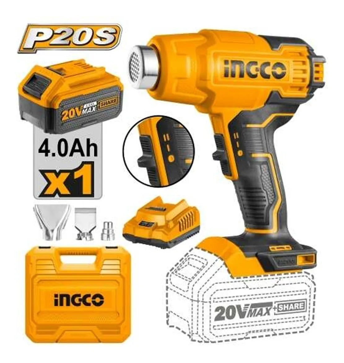 Pistola De Calor Inalambrica Ingco 550ºc HGLI20025 Amarillo