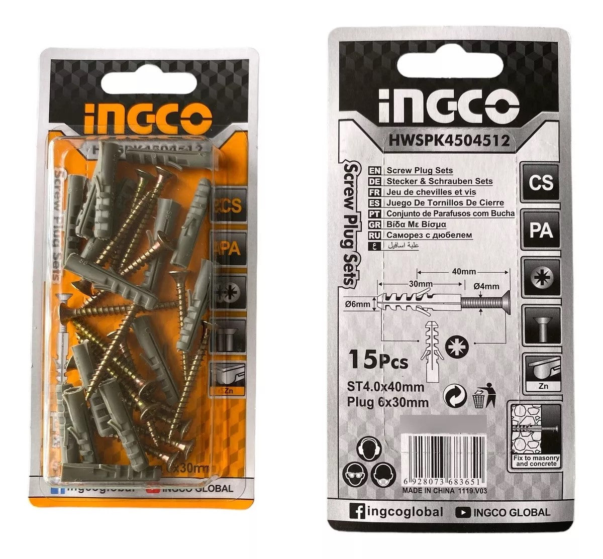 Set 15 Tornillos Con Tarugo 4x40mm 15un Ingco HWSPK4504512