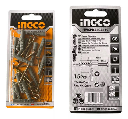 Set 15 Tornillos Con Tarugo 4x40mm 15un Ingco HWSPK4504512